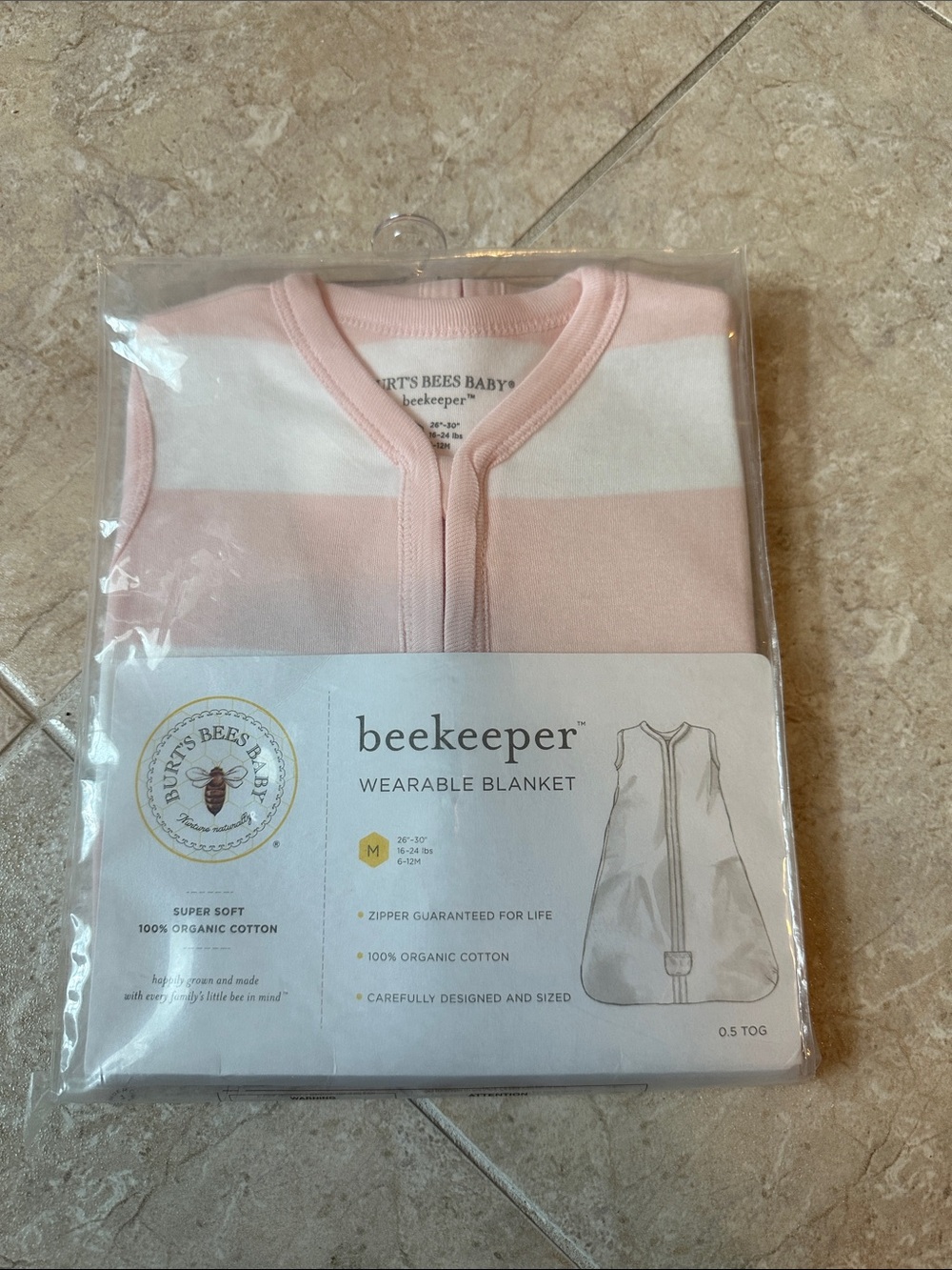 Burt's Bees Baby Pink and White Striped Wearable Blanket 6-12m